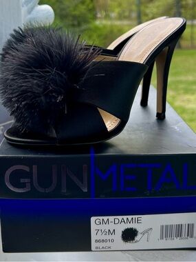 GUNMETAL Damie Black Pom Pom Heels - Women’s 7.5
